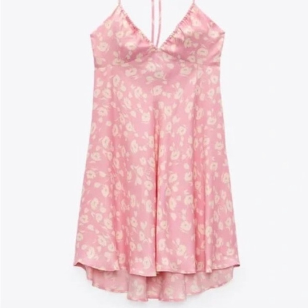 ZARA Satin Effect Floral Halter Mini Dress
